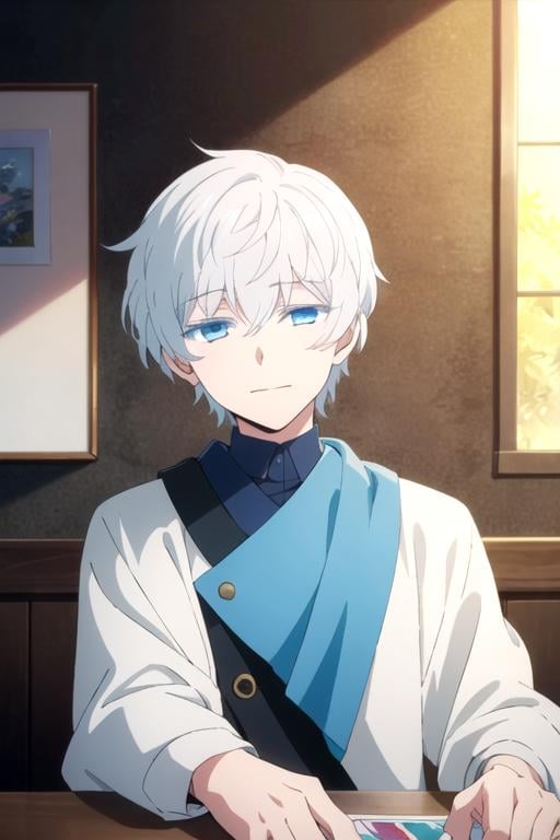 masterpiece, best quality, game cg, 1boy, solo, male focus, looking at viewer, upper body, depth of field, (watercolor illustration, soft pastel colors:1.1), , <lora:mikhail_vanitas_no_karte:0.68>, mikhail_vanitas_no_karte, white hair, blue eyes