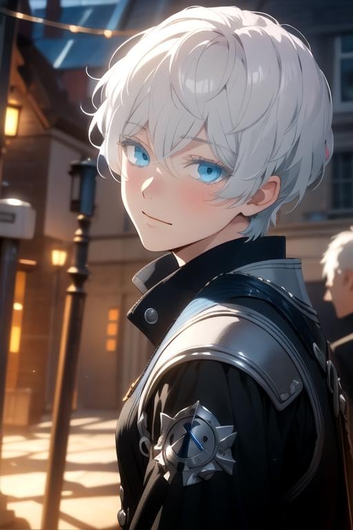 masterpiece, best quality, game cg, 1boy, solo, male focus, looking at viewer, , depth of field, , , <lora:mikhail_vanitas_no_karte:0.66>, mikhail_vanitas_no_karte, white hair, blue eyes, , , dieselpunk, 12k resolution