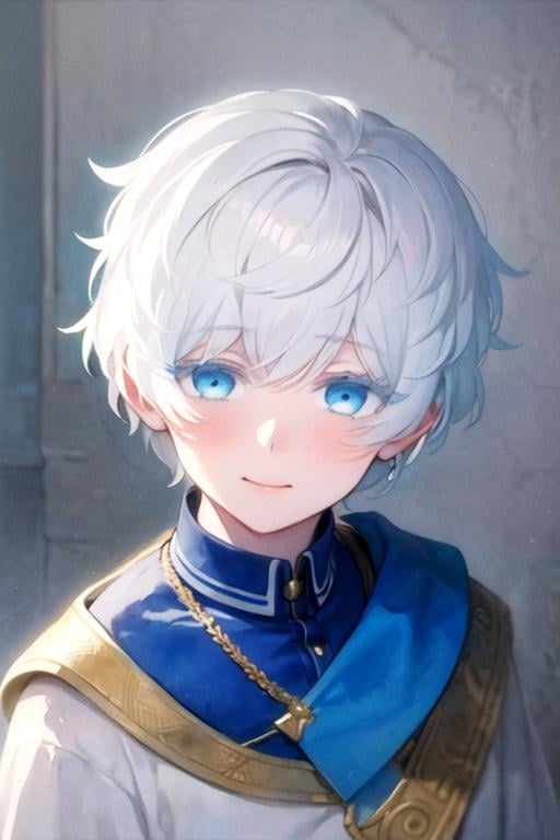 masterpiece, best quality, photorealistic, 1boy, solo, male focus, looking at viewer, upper body, , (watercolor illustration, soft pastel colors:1.1), realistic, <lora:mikhail_vanitas_no_karte:0.70>, mikhail_vanitas_no_karte, white hair, blue eyes, king costume, world war 2,