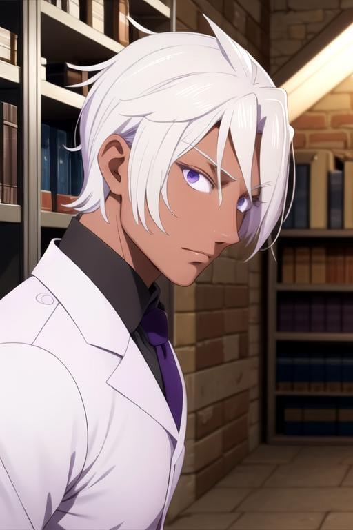 masterpiece, best quality, wallpaper, 1boy, solo, male focus, looking at viewer, upper body, , anime coloring, , <lora:noe_archiviste:0.72>, noe_archiviste, white hair, purple eyes, , gym storeroom,