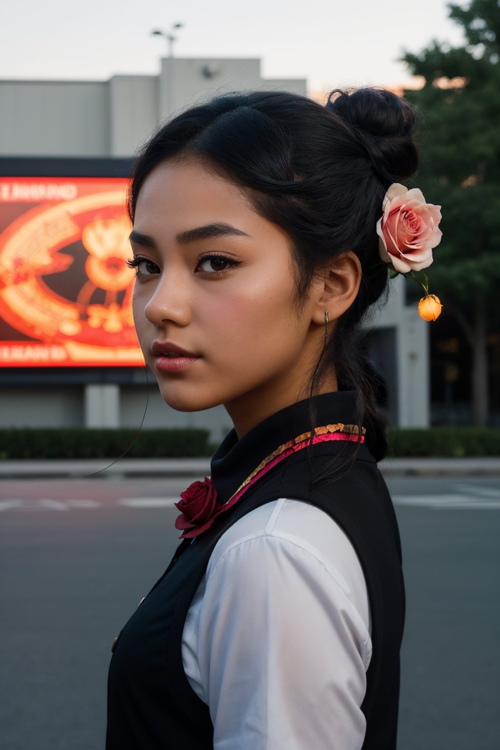 (correct proportions:1.2), (mysterious high school girl:1.3), Experience the beauty of a high school girl with brown-black hair and fair skin, her black eyes reflecting confidence and power. Her hair is elegantly coiled into a bun, adorned with a hairpin featuring a red rose, a blue butterfly, and a white rabbit. The scene is captured with billboard-quality precision, emphasizing correct proportions and creating a mysterious and atmospheric aesthetic.