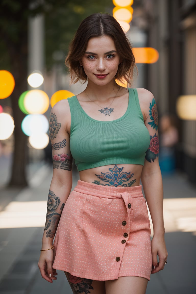 (Create an ultra-detailed photograph) of a stunning ((27-year-old Russian girl)) with a gorgeous and cute appearance. Capture her with a ((smirk)) and highlighting her ((freckles)). She should be wearing a ((green top and pink skirt)). In the background,  include a young girl in a green top and pink skirt for context. This should be a ((masterpiece)) with a ((best_quality)) in ultra-high resolution,  both ((4K)) and ((8K)),  incorporating ((HDR)) for added vibrancy. Utilize a ((Kodak Portra 400 lens)) to achieve a professional and timeless quality. Emphasize a ((blurry background)) with a touch of ((bokeh)) and ((lens flare)) for artistic effect. Enhance ((vibrant colors)) for a lively appearance. Ensure the photograph is ((ultra-detailed)) and showcases ((absurdres)) details. Pay extra attention to capturing the ((beautiful face)) of the subject,  focusing on features such as ((large breasts)) and a ((narrow waist)). Highlight any ((tattoos)) present. The goal is to create a ((professional photograph)) that is both visually striking and technically superb,<lora:EMS-52083-EMS:0.800000>