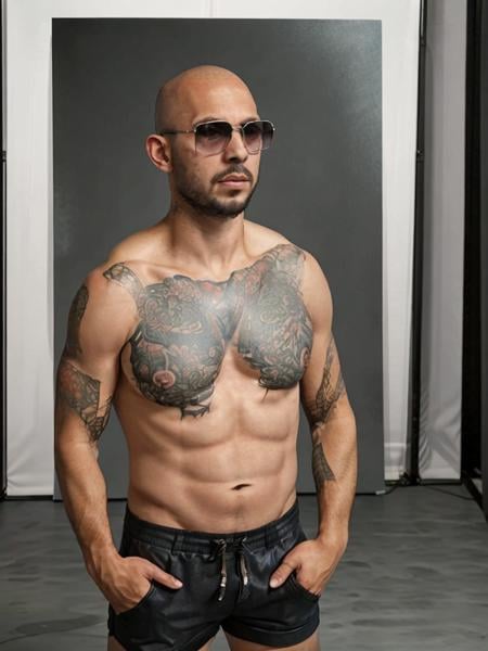 portrait photo of Atate in a photo studio, high quality photograph, bokeh, rim light, depth of field, sunglasses, chest tattoo, shorts, <lora:Atate:.7>