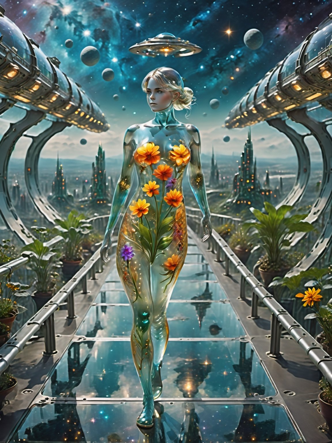 young glass girl walking on spaceship bridge, future fantasy concept, a city, epic scale, future, year 3000, sci fi, space ships floating by, amazing fine close overwhelmingly detailed, galaxy over plants atmosphere, clear depth of field, vignette, highly detailed, high budget, bokeh, cinemascope, epic, gorgeous, film grain, grainy . magnificent, celestial, ethereal, painterly, epic, majestic, magical, fantasy art, cover art, crouds of people walking, (((distant view from low orbit))), pictograph, dust_particles,DonMCyb3rN3cr0XL 