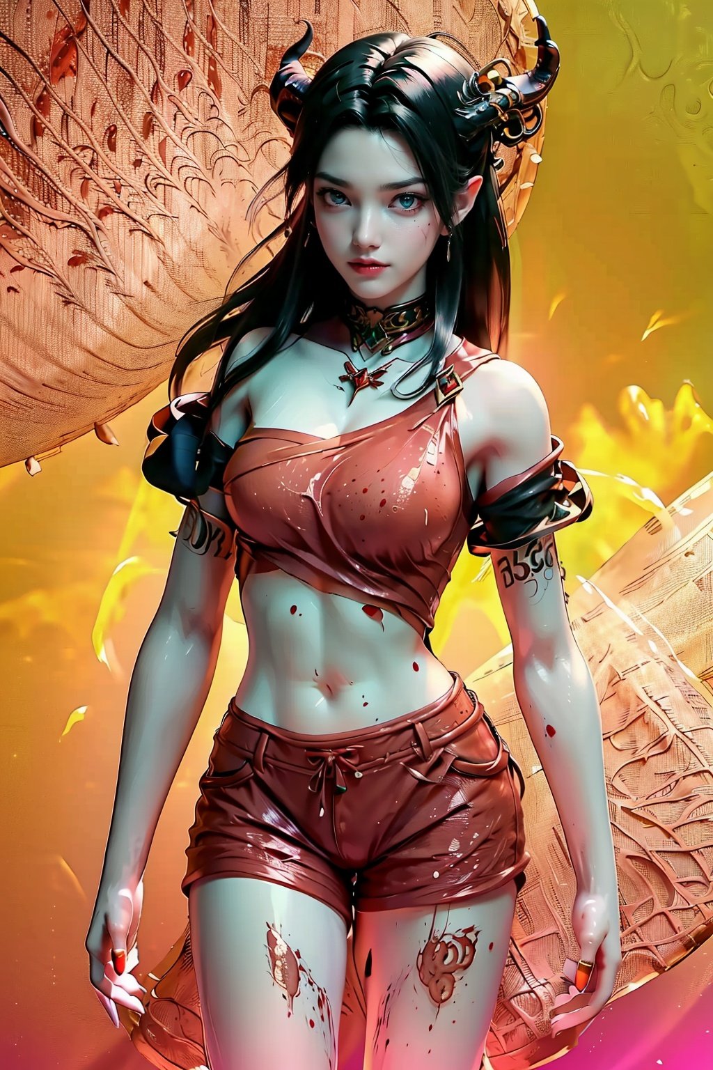 (((best))),8k,UHD,((masterpiece)),bright ,high quality,realistic,solo,Colored lead painting,red style,1girl,beret,string,revolver,bare legs,greyscale,snow background,shorts,t-shirt,fang,aqua eyes,(glowing eyes),(splatter background),horns,Chest,leihua,jyy-hd,mds-hd,greendesign,sssr,hand101