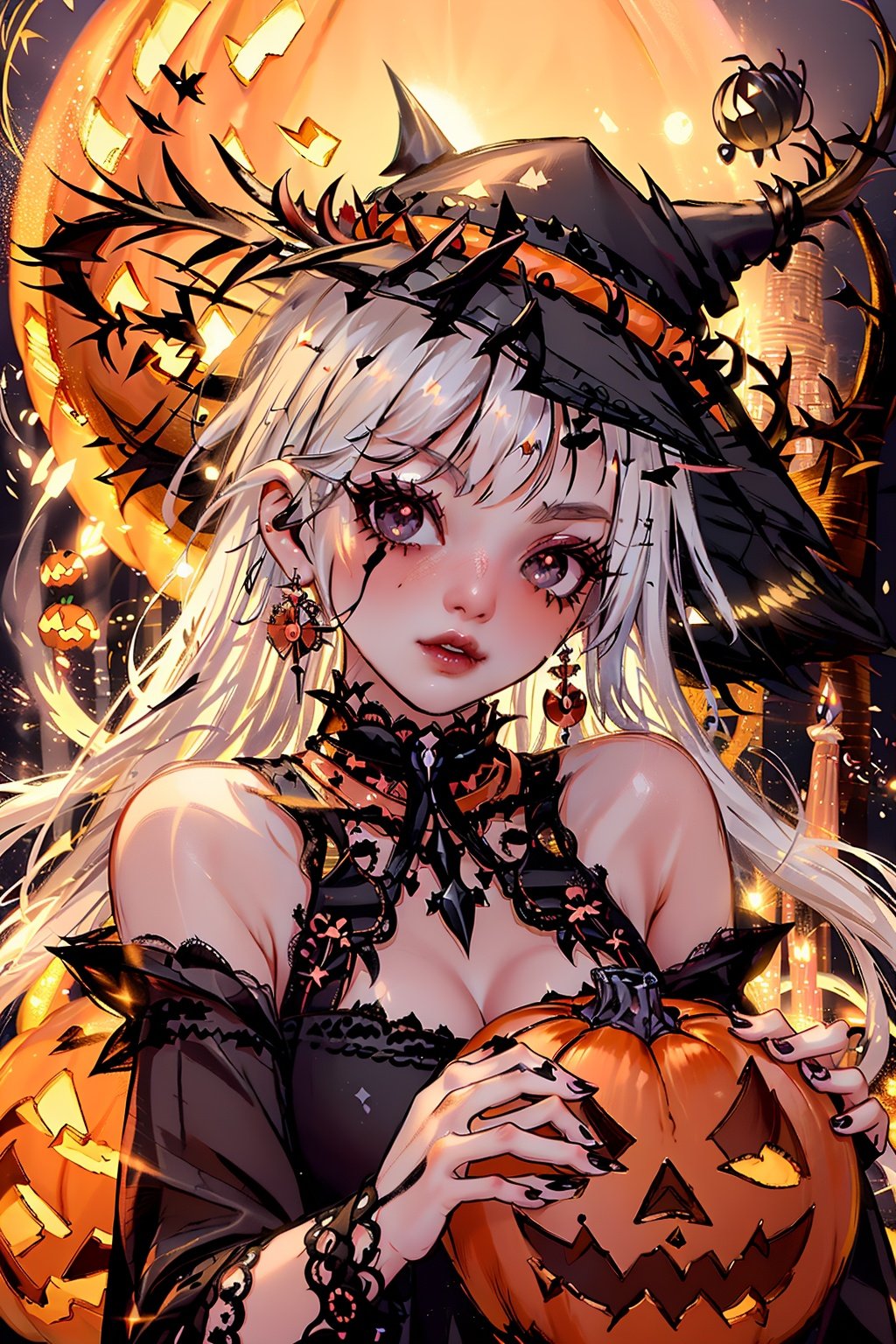  1girl,solo, photo realistic,super wide angle,evil look,eyes focus,earrings,jewelry,black hat,red eyes,face tattoo,jack-o'-lantern,pointy ears,looking at viewer,white long hair,witch hat,halloween,upper body,dress,pumpkin,white hair,black dress,breasts,black headwear,glowing,bangs,witch,thorns,castle,evening,candle,embers,black background,full moon,blood lips,medium breasts,fire,3D rendering,zichun