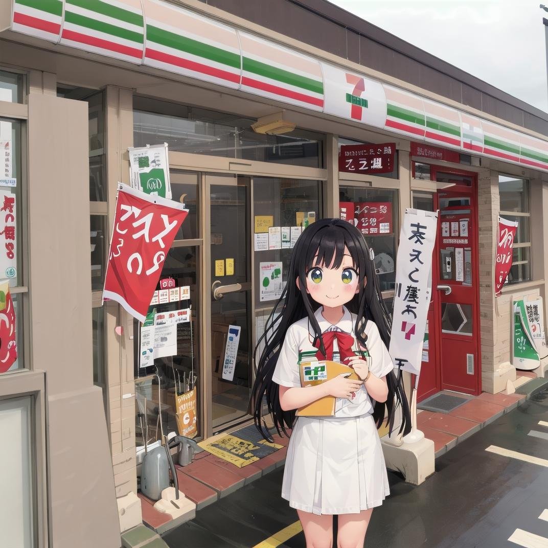 best quality, ultra-detailed, illustration,1girl, black hair, long hair, school uniform, happy, shy smile, seveneleven, konbini, scenery, storefront, japan, scenery, shop, convenience store, real world location, outdoors, building, window, sign<lora:7-Eleven_JAPAN_SD15_V1:0.8>