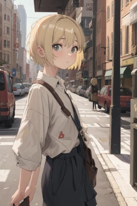 masterpiece,best quality,blonde short hair,city