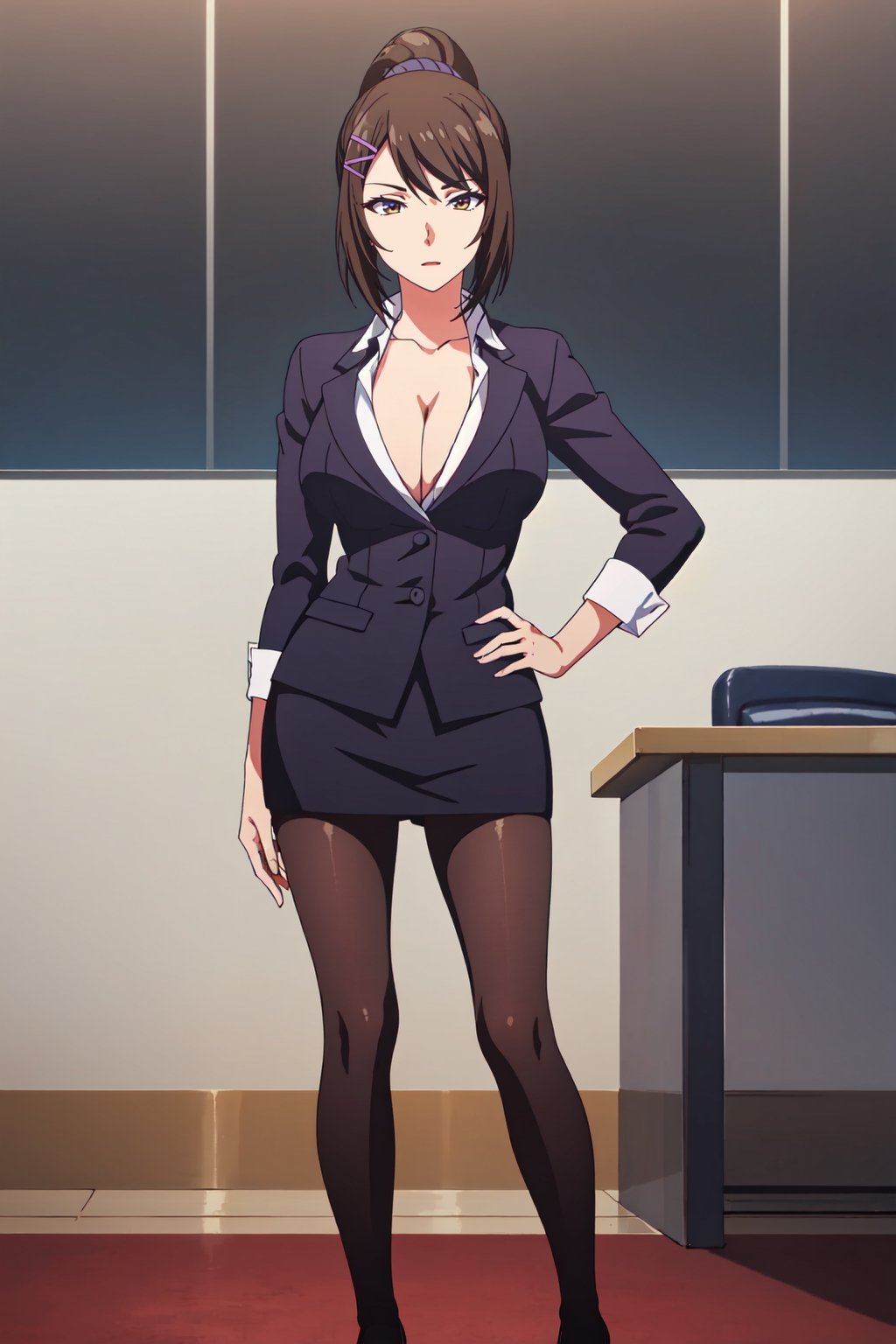 1woman, masterpiece, best quality, ultra-detailed, illustration, beautiful detailed eyes, looking at viewer, masterpiece, best quality, highres, 1girl, chabashira sae, high ponytail, suit, jacket, cleavage, pantyhose, high heels, (professional photograph:1.2)