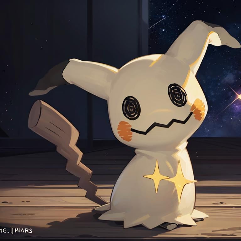 ((masterpiece,best quality)), absurdres,<lora:Mimikyu_Pokemon_Anime:0.7>, Mimikyu_Pokemon,  no humans,  purple star, sparkle, starry_background, solo, looking at viewer, cinematic composition, 