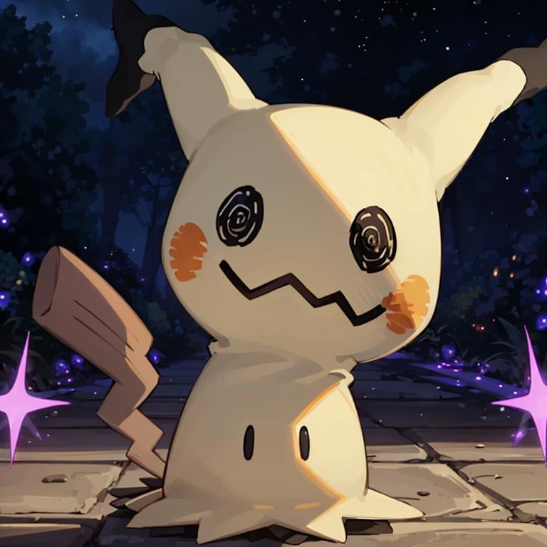 ((masterpiece,best quality)), absurdres,<lora:Mimikyu_Pokemon_Anime:0.7>, Mimikyu_Pokemon, purple star, sparkle, starry_background, solo, looking at viewer, cinematic composition, 