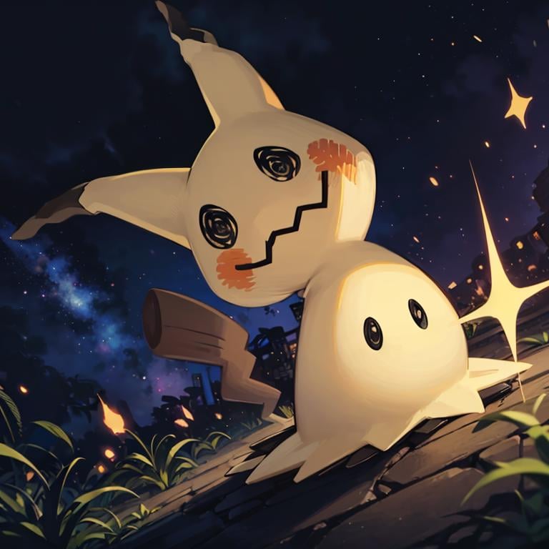 ((masterpiece,best quality)), absurdres,<lora:Mimikyu_Pokemon_Anime:0.7>, Mimikyu_Pokemon,  no humans,  purple star, sparkle, starry_background, solo, looking at viewer, cinematic composition, 