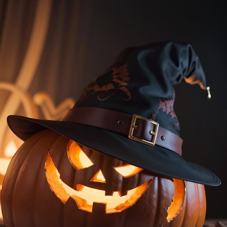 ((masterpiece,best quality)), <lora:Jack-o-lantern_Anime:0.5>,  no humans,  pumpkin, halloween,  witch hat,solo, looking at viewer,cinematic composition,