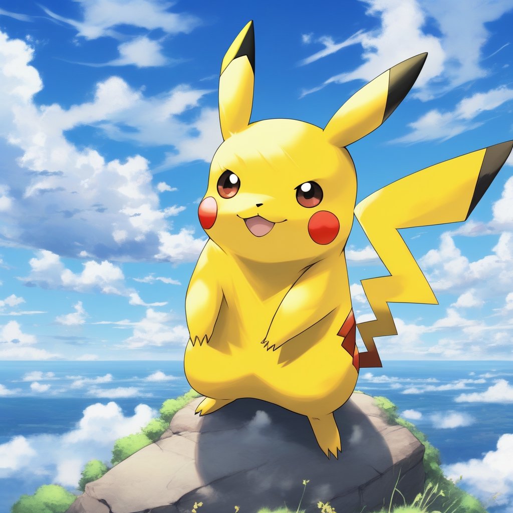 a pikachu, blue sky, clouds, scenary