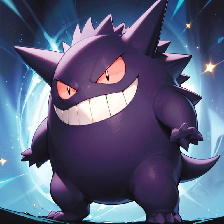 ((masterpiece,best quality)), absurdres,<lora:Gengar_Pokemon_v2_Anime:0.7>, Gengar_Pokemon,  no humans, pokemon \(creature\),solo, smiling, looking at viewer, purple theme, cinematic composition, 