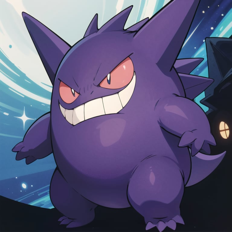 ((masterpiece,best quality)), absurdres,<lora:Gengar_Pokemon_v2_Anime:0.7>, Gengar_Pokemon,  no humans, pokemon \(creature\),solo, smiling, looking at viewer, purple theme, cinematic composition, 