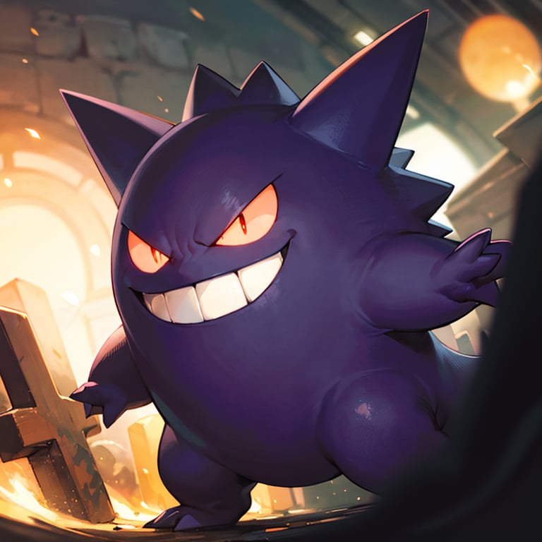 centered, award winning photo, (looking at viewer:1.2), | evil grin, Gengar_Pokemon,  solo, no humans, pokemon \(creature\), smile, dynamic pose, | graveyard, dark theme,  | bokeh, depth of field, cinematic composition, | <lora:Gengar_Pokemon_v2_Anime:0.6>