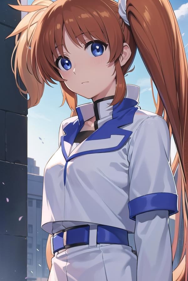 nanohatakamachi, <lora:nanohatakamachi-lora-nochekaiser:1>,nanoha takamachi, (takamachi nanoha:1.5), long hair, blue eyes, brown hair, hair ribbon, (side ponytail:1.5), white ribbon,BREAK magical girl, jacket, collar, puffy sleeves, long sleeves, white jacket,BREAK looking at viewer, full body, upper body,BREAK outdoors, city, sky,BREAK <lyco:GoodHands-beta2:1>, (masterpiece:1.2), best quality, high resolution, unity 8k wallpaper, (illustration:0.8), (beautiful detailed eyes:1.6), extremely detailed face, perfect lighting, extremely detailed CG, (perfect hands, perfect anatomy),