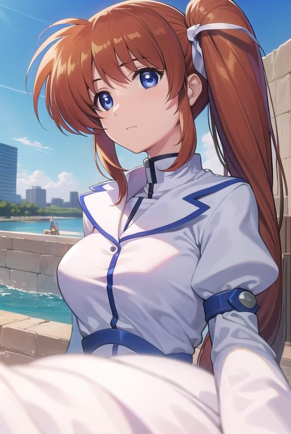 nanohatakamachi, <lora:nanohatakamachi-lora-nochekaiser:1>,nanoha takamachi, (takamachi nanoha:1.5), long hair, blue eyes, brown hair, hair ribbon, (side ponytail:1.5), white ribbon,BREAK magical girl, jacket, collar, puffy sleeves, long sleeves, white jacket,BREAK looking at viewer, full body, upper body,BREAK outdoors, city, sky,BREAK <lyco:GoodHands-beta2:1>, (masterpiece:1.2), best quality, high resolution, unity 8k wallpaper, (illustration:0.8), (beautiful detailed eyes:1.6), extremely detailed face, perfect lighting, extremely detailed CG, (perfect hands, perfect anatomy),