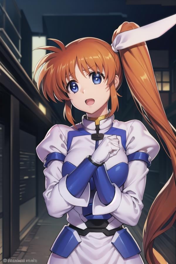 nanohatakamachi, <lora:nanohatakamachi-lora-nochekaiser:1>,nanoha takamachi, (takamachi nanoha:1.5), long hair, blue eyes, brown hair, hair ribbon, (side ponytail:1.5), white ribbon,BREAK magical girl, jacket, collar, puffy sleeves, long sleeves, white jacket,BREAK looking at viewer, full body, upper body,BREAK outdoors, city, sky,BREAK <lyco:GoodHands-beta2:1>, (masterpiece:1.2), best quality, high resolution, unity 8k wallpaper, (illustration:0.8), (beautiful detailed eyes:1.6), extremely detailed face, perfect lighting, extremely detailed CG, (perfect hands, perfect anatomy),