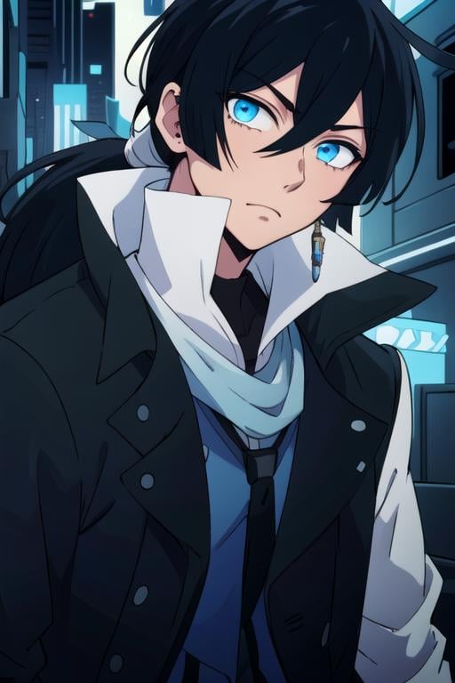 masterpiece, best quality, game cg, 1boy, solo, male focus, looking at viewer, , depth of field, anime coloring, , <lora:vanitas_no_karte:0.66>, vanitas_no_karte, black hair, blue eyes, ponytail, candy costume, cyberpunk, High resolution