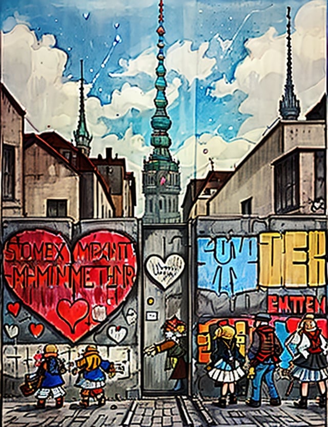 DonMZ1ll3 heart on Berlin wall,  Fernsehturm,  detailed by DonMischo on Tensor.Art