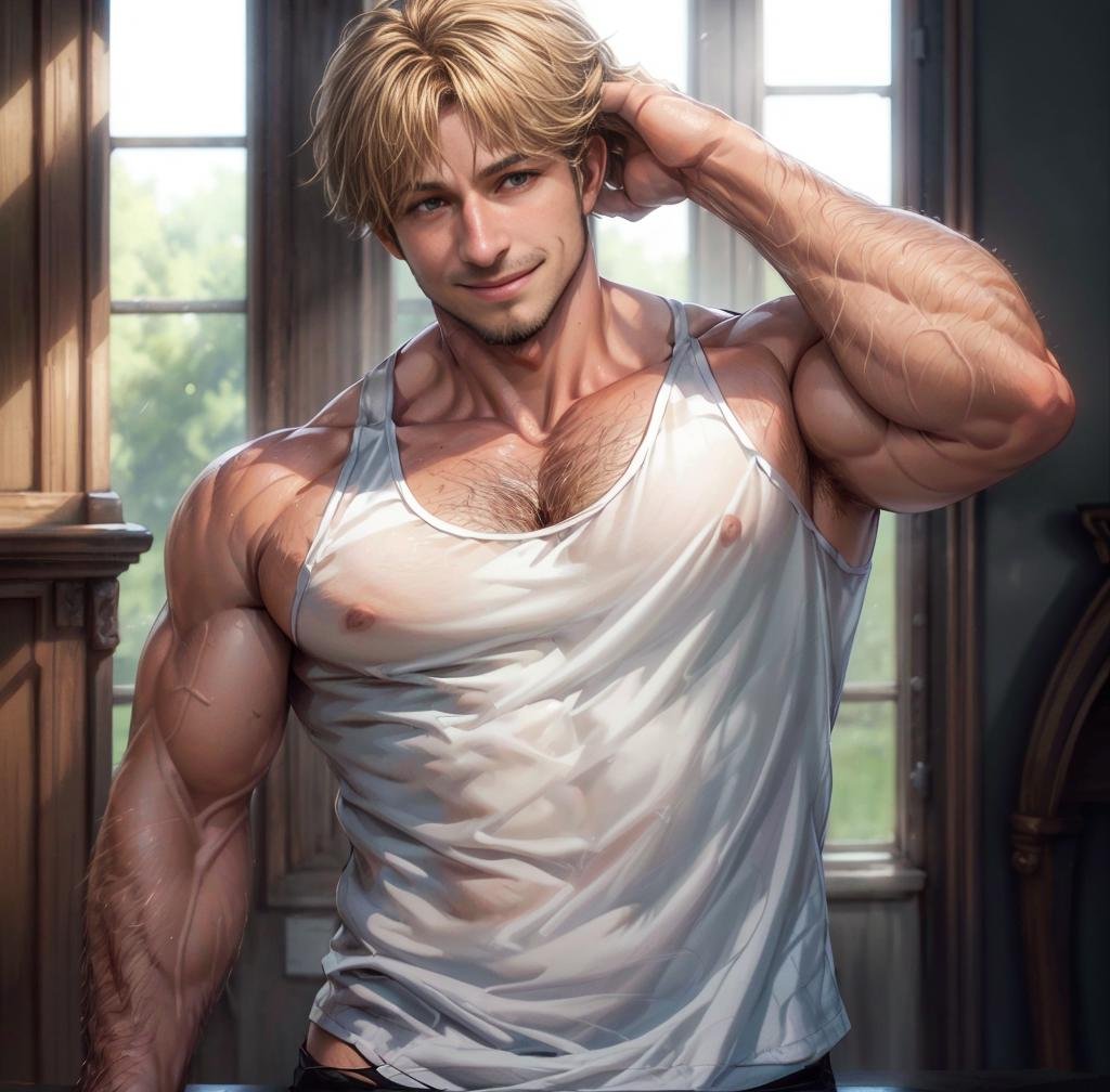 mike_zacharias,  hairy chest, very hairy arms, white tank top, big arms, smiling,  realistic, sunlight front view  <lora:add_detail:1>   <lora:mike_zacharias:0.65>  