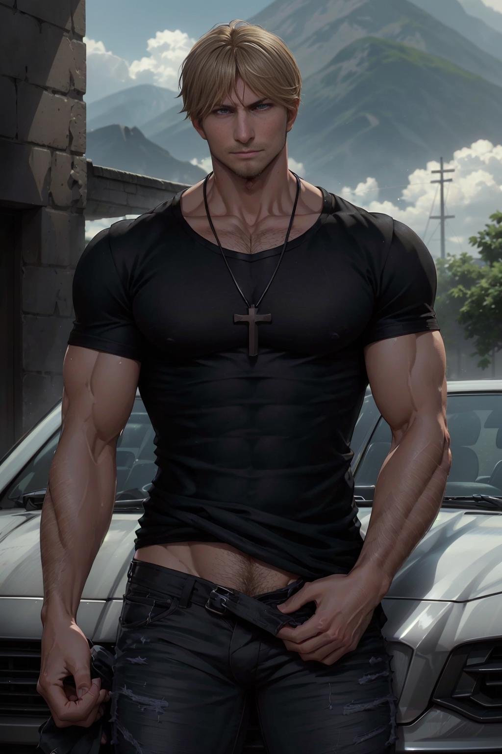 mike_zacharias, chest hair, hairy arms, masculine, muscular neck, blonde hair, necklace with cross, big biceps, arrogant smile, defiant eyes, tight black shirt with short sleeves, jeans, parking lot, ultra realistic  <lora:mike_zacharias:0.7>