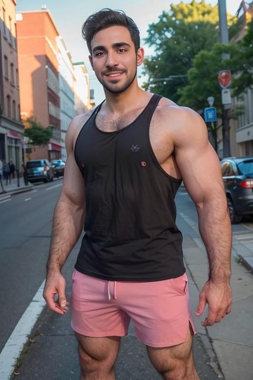 dominick_wissel ,solo, blush, 1boy, smile, tank top, shorts, muscular, street, outdoors, thick eyebrows, broad shoulders, big biceps,  standing, male focus,  seen from above, looking at the viewer,  hairy, black hair,  (large penis), erection, hairy armpits, <lora:dominick_wissel-27:0.6> 