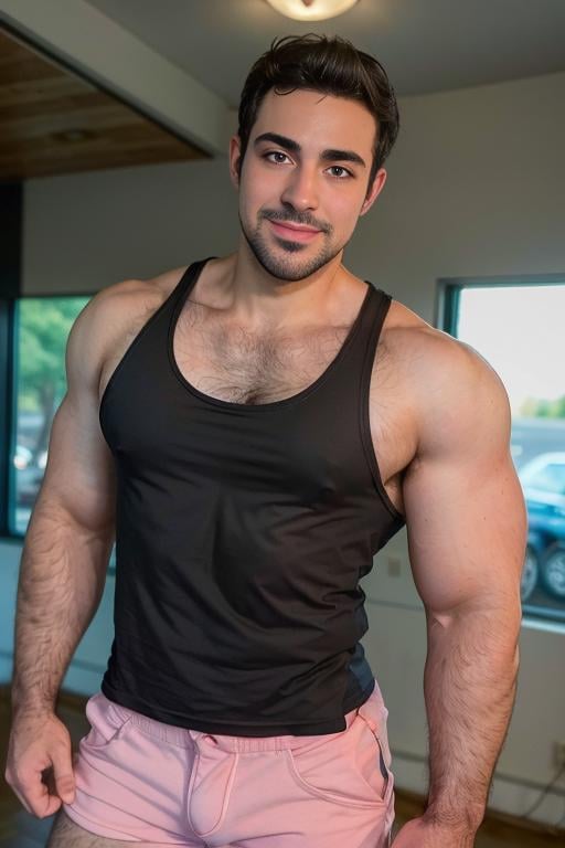 dominick_wissel ,solo, blush, 1boy, smile, tank top, shorts, muscular, street, thick eyebrows, broad shoulders, big biceps,  standing, male focus,  seen from above, looking at the viewer,  hairy, black hair,  (large penis), erection, hairy armpits, <lora:dominick_wissel-27:0.7> 