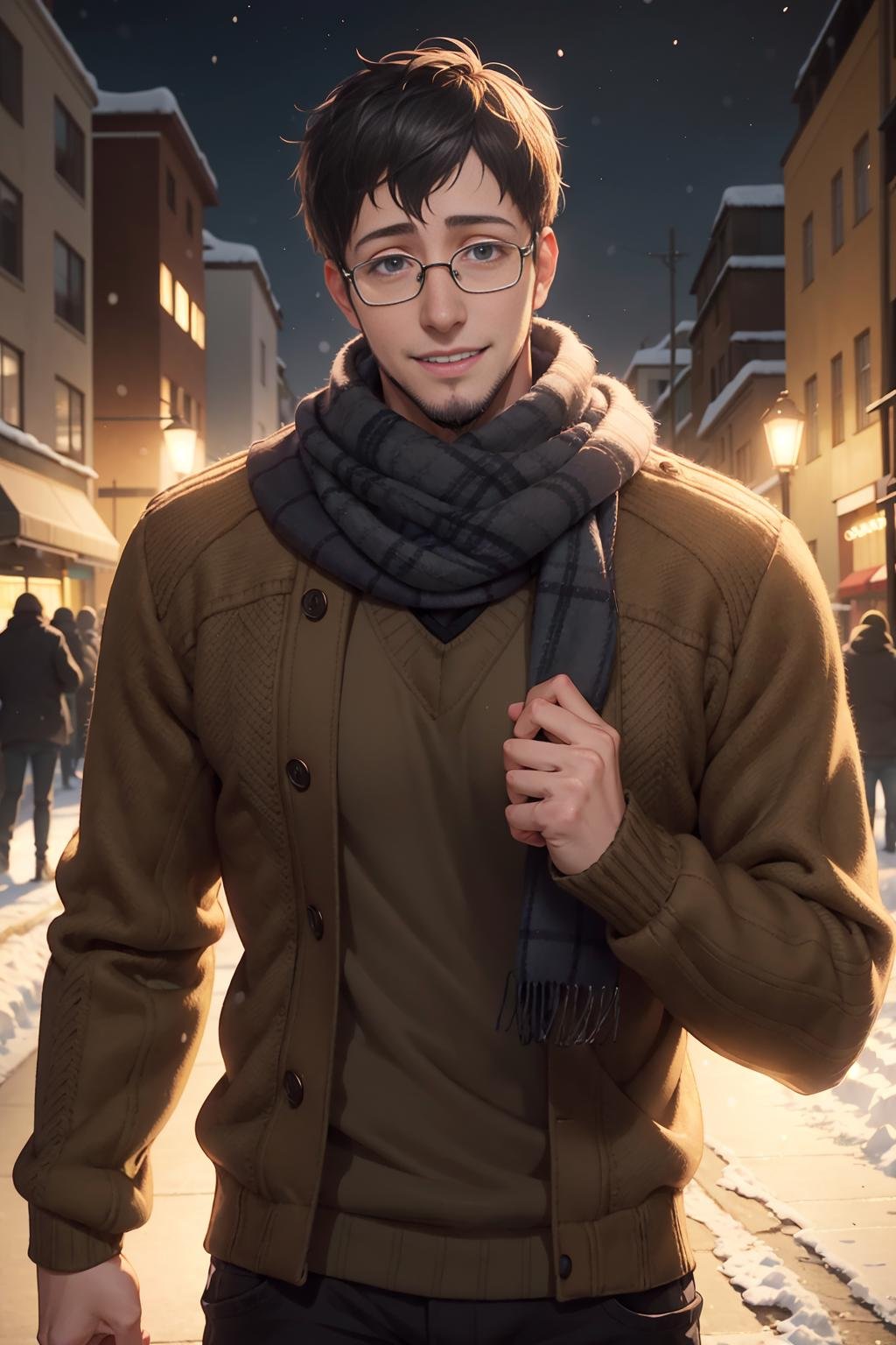 bertolt, adult, smiling, pullover, winter, beard, sweater, scarf, glasses  <lora:bertolt-08:0.75>