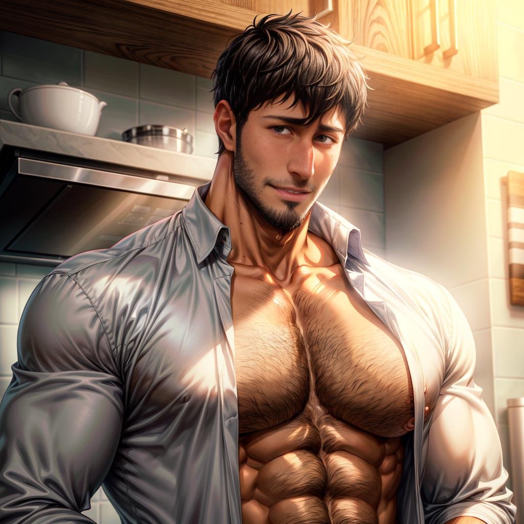 bertolt, modern setting, looking at you, open shirt, hairy chest, pectorals, beard, closed mouth, smile, arrogant eyes, kitchen, beautiful, hunk, beautiful face  <lora:more_details:1> <lyco:husbandoLocon_v33:0.3>  <lora:bertolt-08:0.8> 