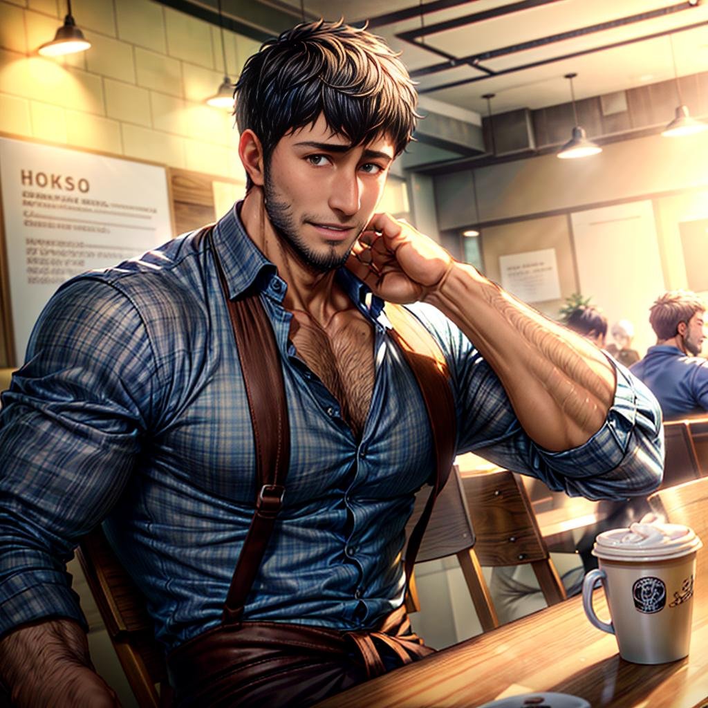 bertolt, modern setting, sitting on a chair, taking a coffee, looking at you, blue shirt, unbuttoned, hairy chest, pectorals, beard, closed mouth, smile, cafe, coffee, beautiful, hunk, yellow eye color, perfect eyes, well defined eyes, beautiful face  <lora:more_details:1> <lyco:husbandoLocon_v33:0.3>  <lora:bertolt-08:0.8> 