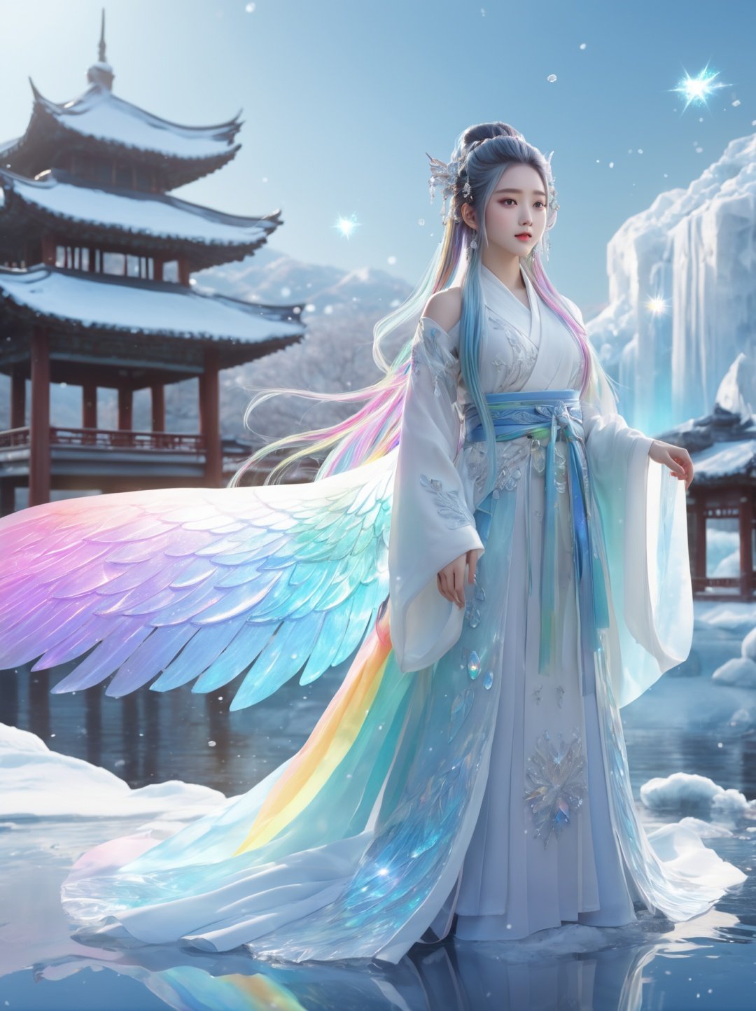 1girl,solo,outdoors,masterpiece,best quality,huge bust,chest focus,long_hair,korean idol,kaza,loose_necktie,beautiful detailed glow,detailed ice,beautiful detailed water,(floating palaces:1.2),(ice crystal texture wings),（Iridescence and rainbow hair:2.5),hanfu, tang style outfits,<lora:hanfuTang_v32:0.7>,full_shot,upshorts,colorful,huge filesize,