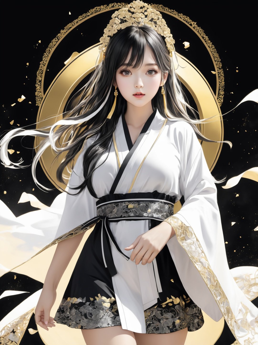 1girl,solo,outdoors,masterpiece,best quality,huge bust,chest focus,long_hair,korean idol,kaza,loose_necktie,upshorts,colorful,huge filesize,adorable_girl,tennis_uniform,((((melt)))),(((((black and white melt))))),(((wear Black and white Taoist robes))),((((gold and silver lace)))),(((gold and silver lace lace))),(((flowing ((black)) and white background))),extremely detailed gorgeous tiara,