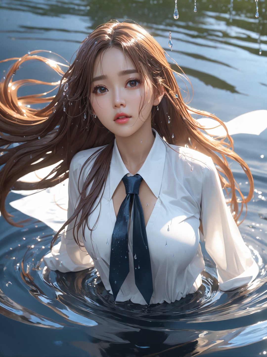 1girl,solo,outdoors,masterpiece,best quality,huge bust,chest focus,long_hair,korean idol,kaza,loose_necktie,((water drops)),wet clothes,((beautiful detailed water)),((floating)),dynamic angle,