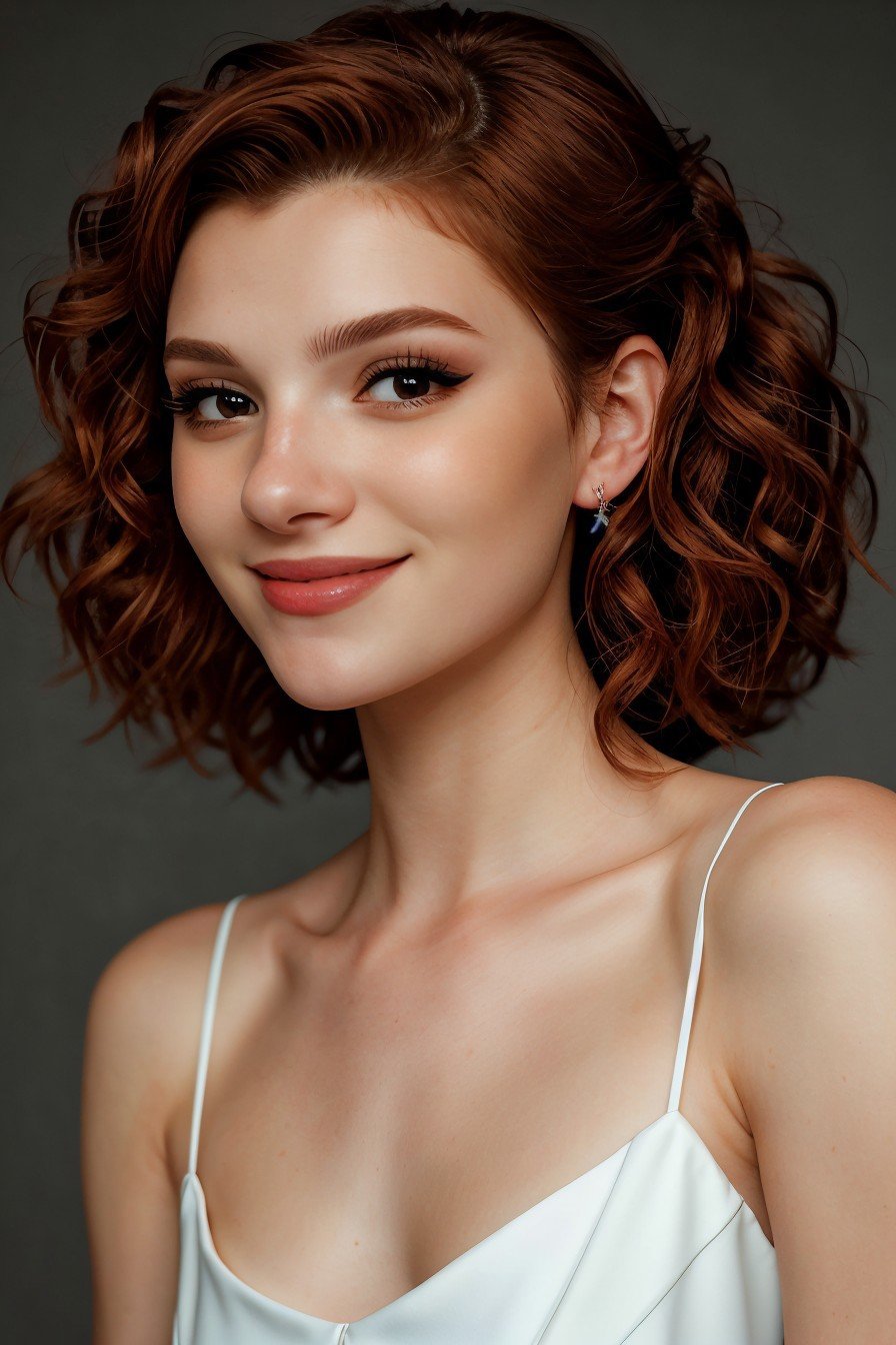 close range of photo of <lora:sd15_MadisonKate_locon_24_v1:.9> Madison Kate, focus on smiling face, wearing an elegant evening gown , her hair is styled as Faux Hawk with Curly Hair,