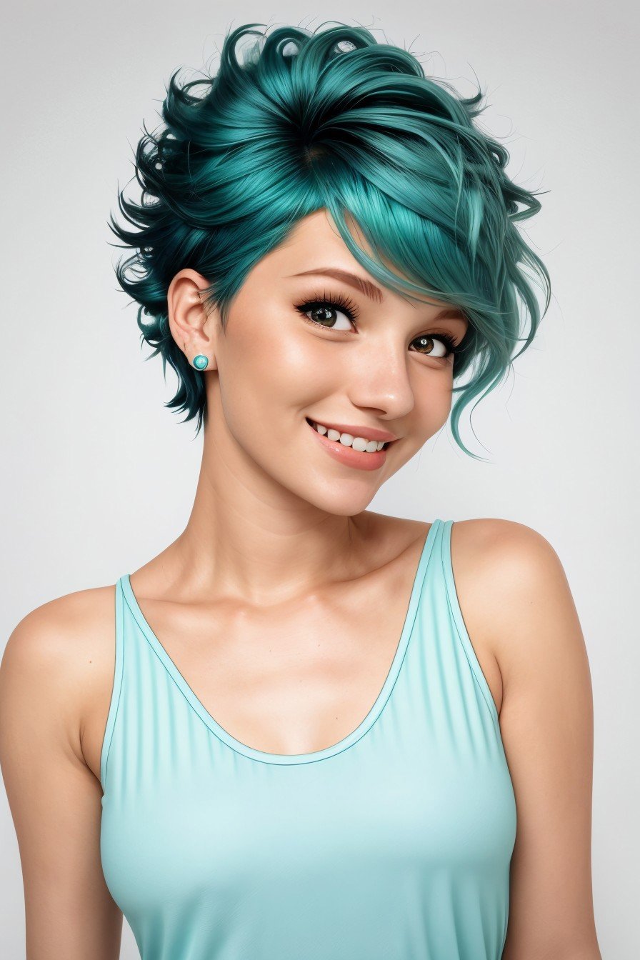 (minimalist design, clean lines, flat colors, simplicity:1.15), <lora:sd15_MadisonKate_locon_24_v1:.9> Madison Kate, focus on eyes, close up on face, laughing, wearing jewelry, Light Turquoise Blue hair styled as Faux Hawk with Curly Hair,