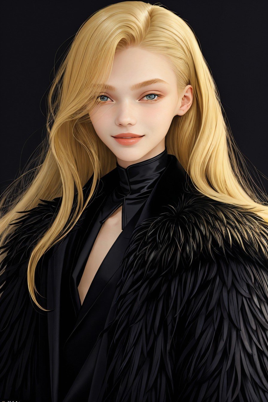 (style of Alexandre Benois:1.15), close range of <lora:sd15_VasilinaKireenko_locon_24_v1-000012:1> VasilinaKireenko blonde hair smile, focus on smiling face, wearing a feather jacket , her hair is styled as Straight Sleek and Curled,