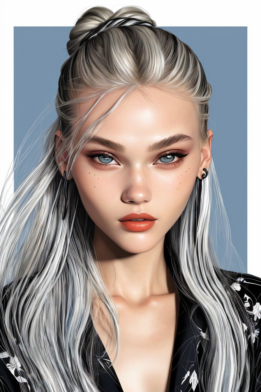 (comic, graphic illustration, comic art, graphic novel art, vibrant, highly detailed:1.15), <lora:sd15_VasilinaKireenko_locon_24_v1-000012:1> VasilinaKireenko blonde hair smile, focus on eyes, close up on face, wearing jewelry, dark powder blue color hair styled as braided bun, black and white