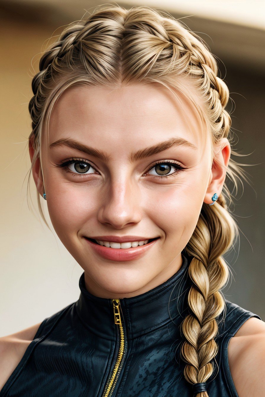 realistic photo of <lora:sd15_TessaGreiner_locon_24_v1-000015:1> TessaGreiner, focus on eyes, close up on face, grinning, hair styled as snake braid,