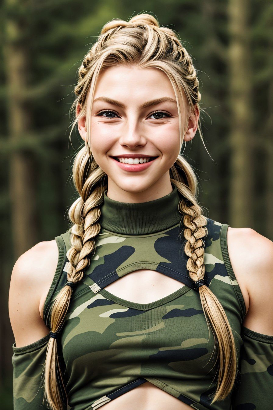 half-body of realistic photo of <lora:sd15_TessaGreiner_locon_24_v1-000015:1> TessaGreiner, focus on smiling face, wearing camo , her hair is styled as herringbone braid,