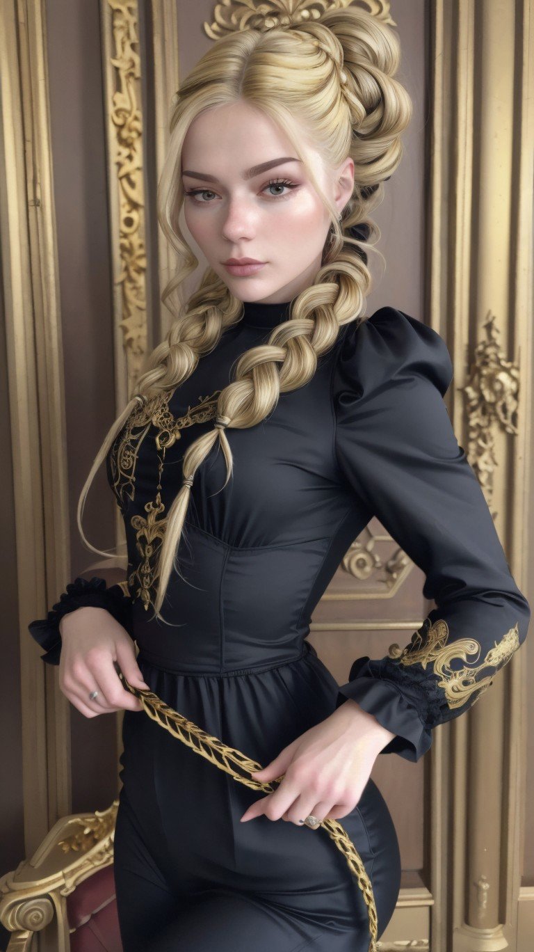 (baroque style, ornate, gold, dramatic, highly detailed:1.15), (medium shot:1.4), <lora:sd15_GeorgiaEllenwood_locon_24_v1:.9> GeorgiaEllenwood, hair styled as dutch fishtail braid