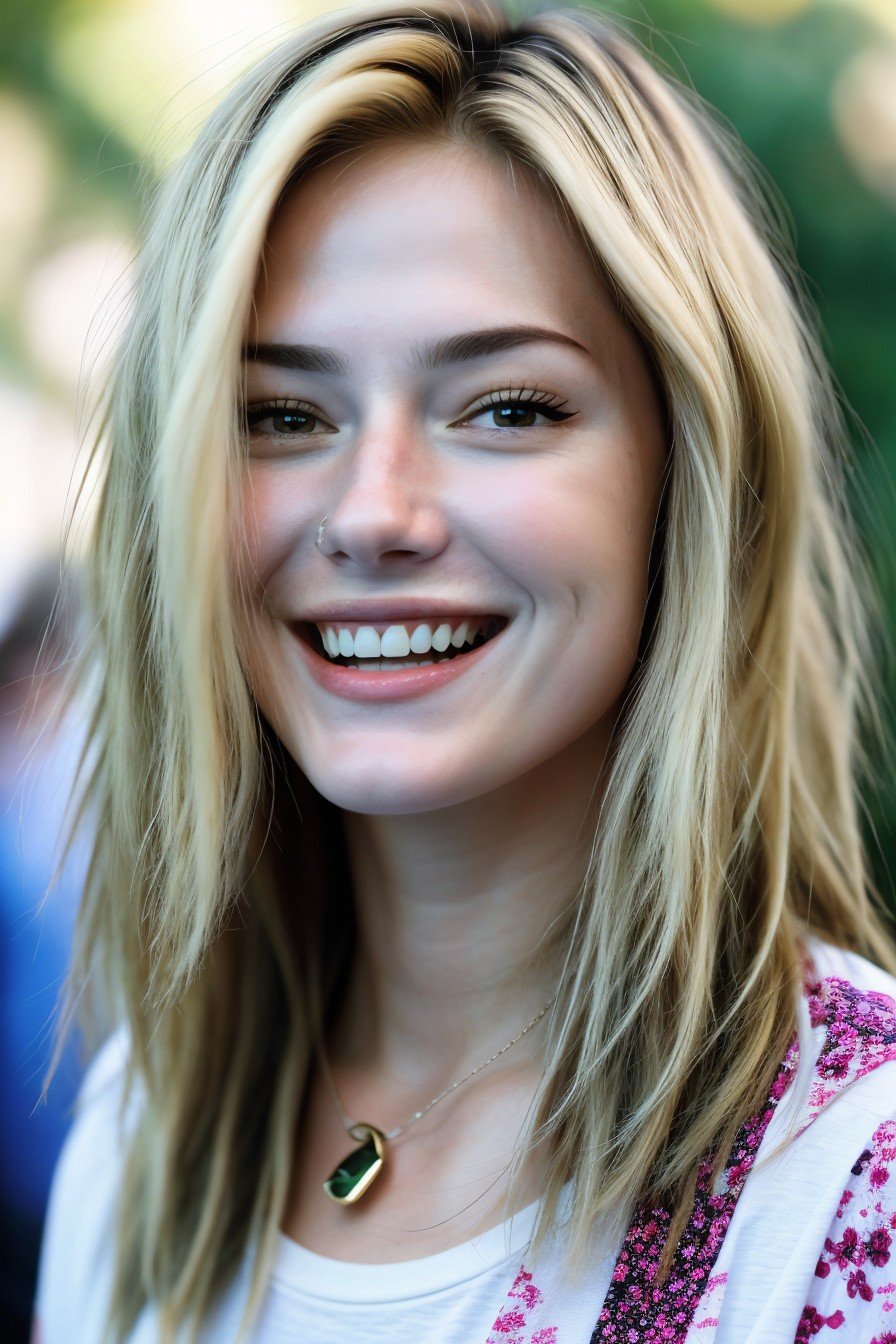 cinematic photo, 35mm photograph, film, bokeh, professional, 4k, highly detailed, realistic photo of <lora:sd15_GeorgiaEllenwood_locon_24_v1:.9> GeorgiaEllenwood, focus on eyes, close up on face, huge smile, wearing jewelry, color blond hair styled as blunt lob hair,