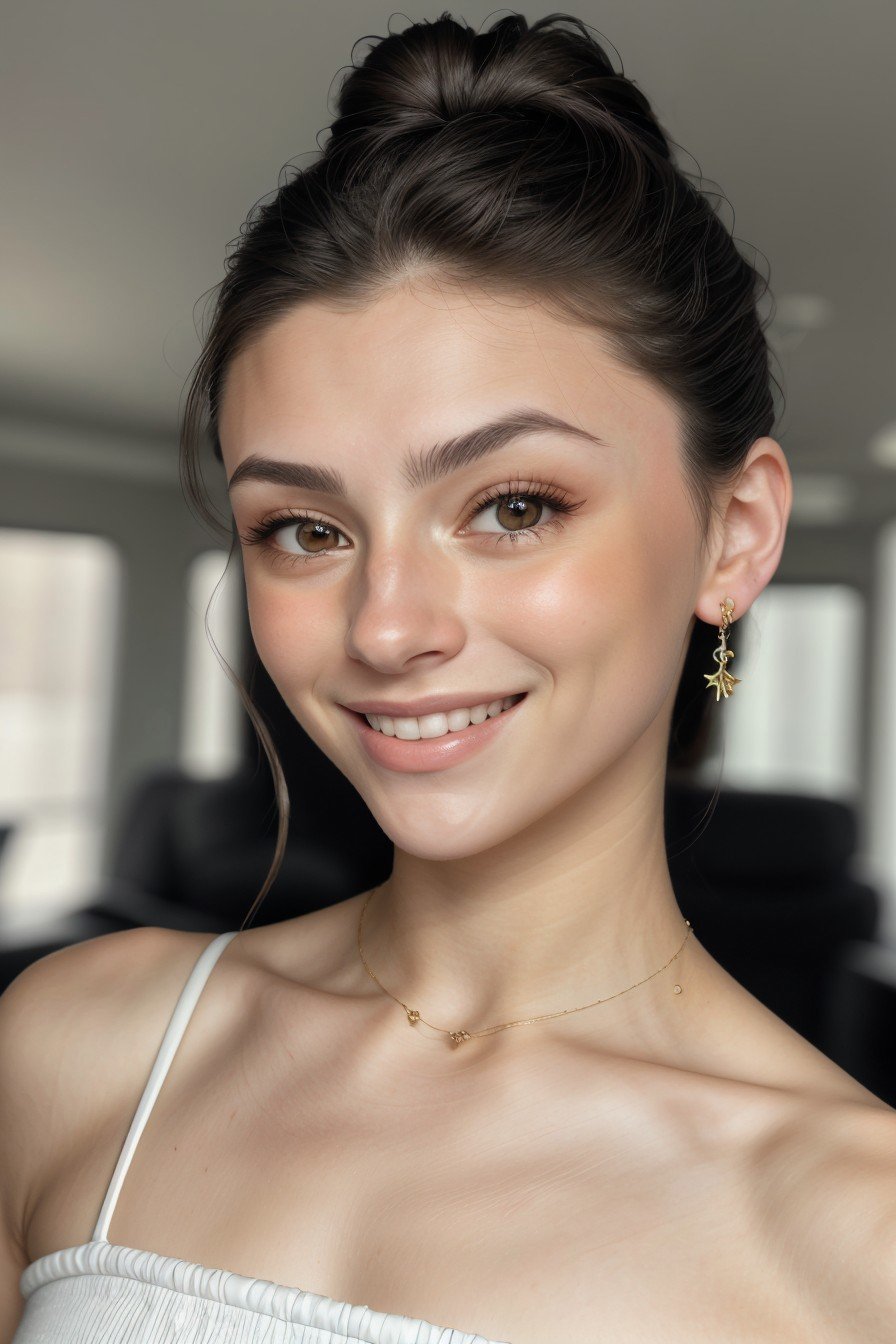 hyperrealistic rendition, ultra detailed, realistic, high definition, realistic photo of <lora:sd15_SavannahRaeDemers_locon_64_v1-000006:1> SavannahRaeDemers, focus on eyes, close up on face, smiling, wearing jewelry, hair styled as knot bun hair,