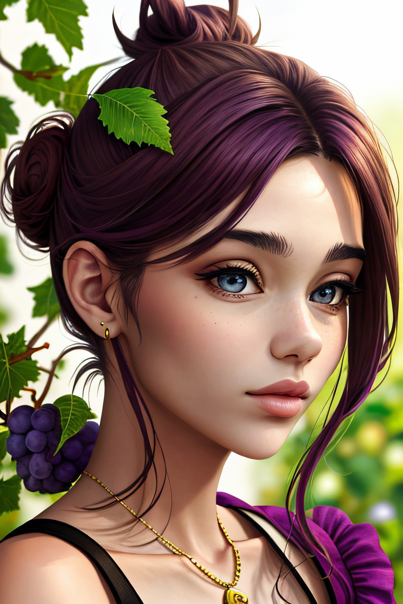 realistic photo of <lyco:sd15_MilanaVino_loha_32_v1-000011:.9> MilanaVino , focus on eyes, close up on face, wearing jewelry, grape leaf color hair styled as flower bun,