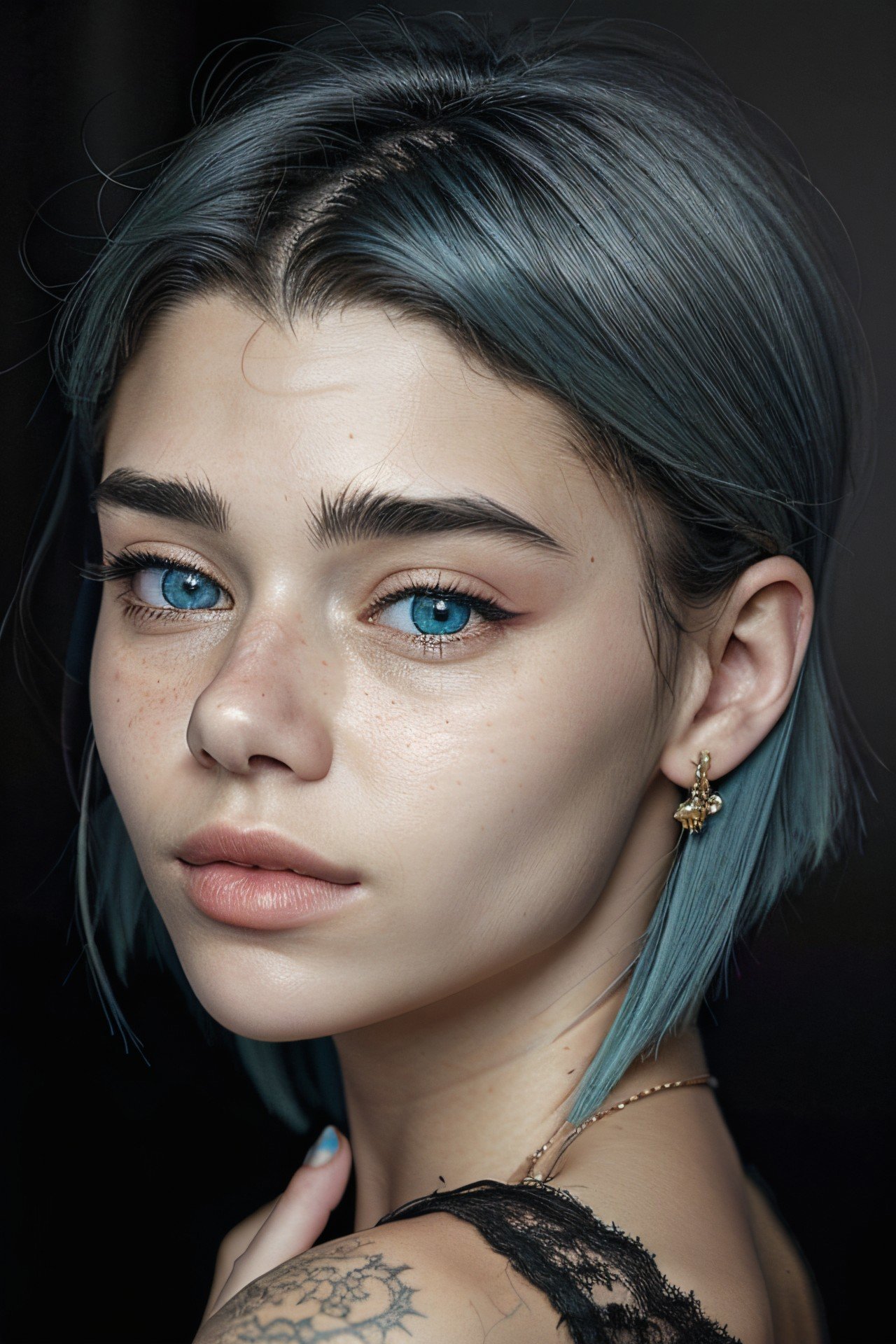 photorealistic rendering, detailed, realistic, high definition, realistic photo of <lyco:sd15_MilanaVino_loha_32_v1-000011:.9> MilanaVino, focus on eyes, close up on face, wearing jewelry, Light Turquoise Blue hair styled as textured bob,