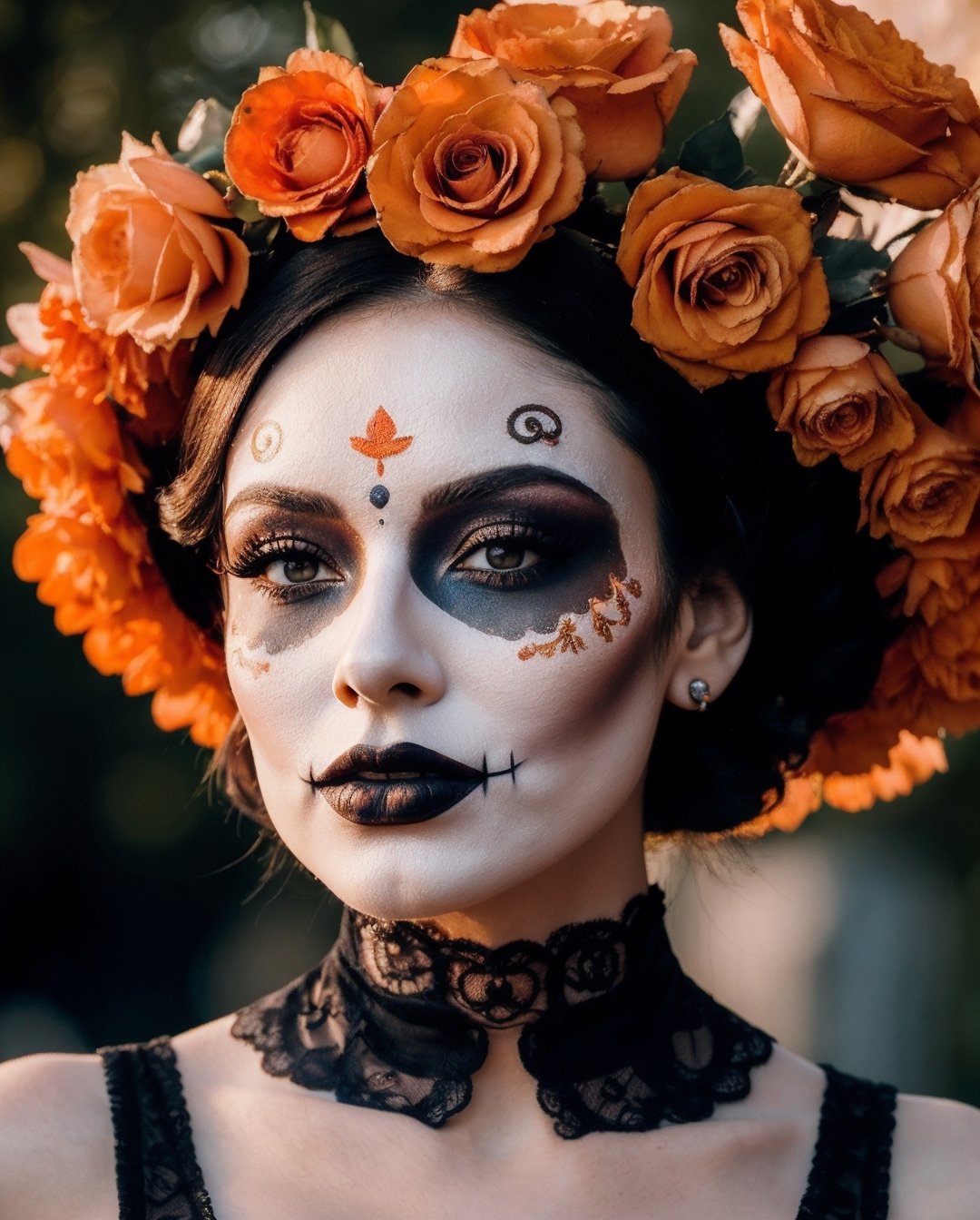 (Best quality, 8k, 32k, Masterpiece, UHD:1.2),  full body potrait of a woman with Catrina makeup, dia de los muertos, white make up, orange, black makeup, emulating a skull with the make up, orange flowers as ornament in hair, many orange flowers, wearing a gown,  and attractive features, eyes, eyelid,  focus, depth of field, film grain,, ray tracing, ((contrast lipstick)), slim model, detailed natural real skin texture, visible skin pores, anatomically correct, night, cemetary background,  Catrina