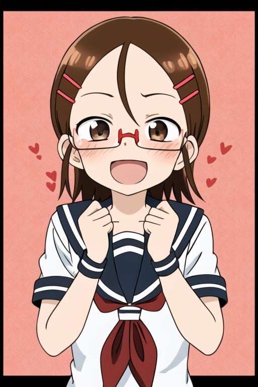 <lora:tenkawa_yukari:0.7>  masterpiece, best quality, 1girl, solo, blush,  smile, open mouth, brown hair, hair ornament, brown eyes, glasses, hairclip, sunlight, anime coloring, looking at viewer, heart background, abstract background, excited, hands on own cheeks, serafuku, sailor collar, red neckerchief, short sleeves, 