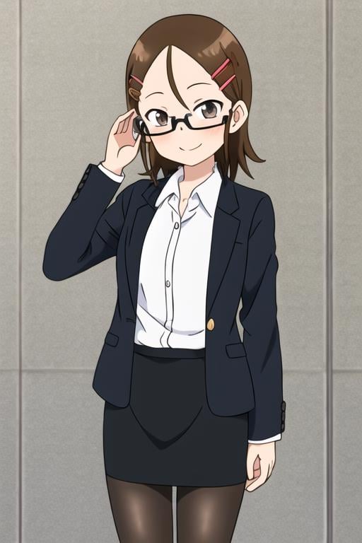 <lora:tenkawa_yukari:0.7>  masterpiece, best quality, 1girl, solo, smile, brown hair, hair ornament, brown eyes, glasses, hairclip, sunlight, anime coloring, looking at viewer, collared shirt, black jacket, black skirt, office lady, pantyhose, simple background, hand on eyewear, 